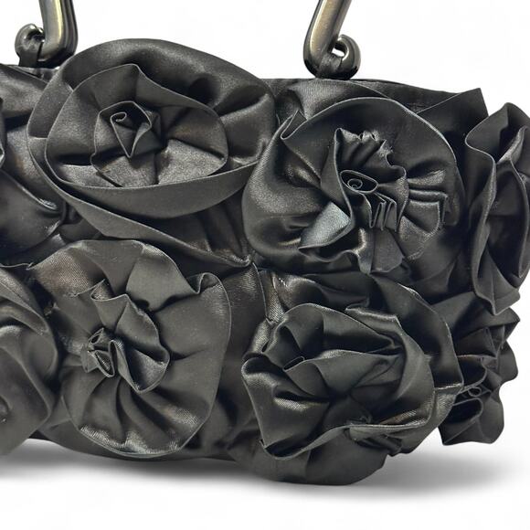 Vintage Mad by Design Black Silk Rose Handbag Glam Evening Purse Horn Handles - Picture 2 of 13